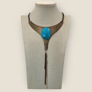 Turquoise Stone Collar Brass Statement Vintage Designer Necklace by A.V. Max
